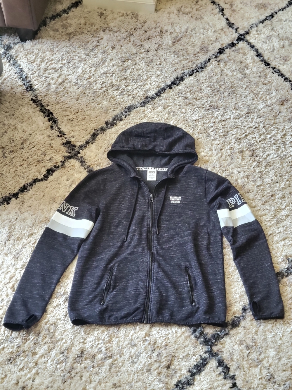 Victoria's Secret PINK Vintage Black Heather Zip Hoodie with White Trim